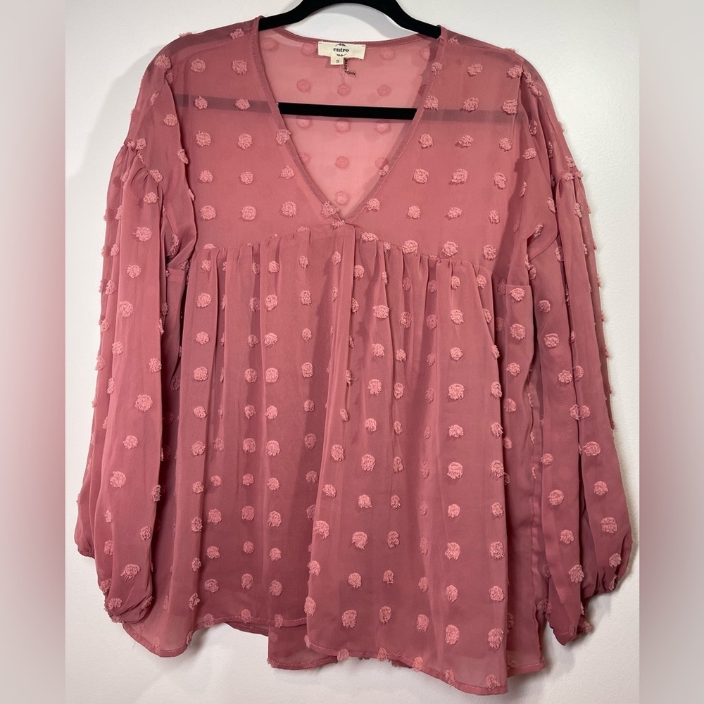 Entro Women’s Swiss Dot‎ V-Neck Long Sleeve Blouse Size Small
